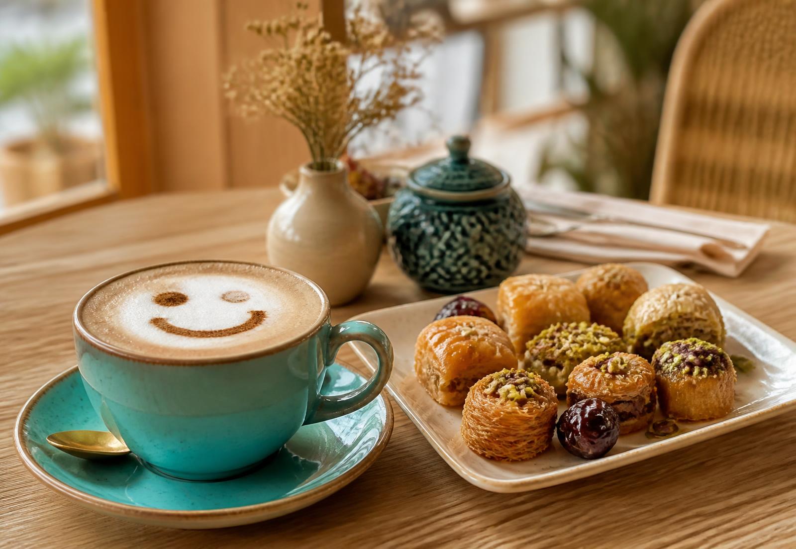 Smiley cappuccino beside a plate of fresh baklava at Smiley’s Café